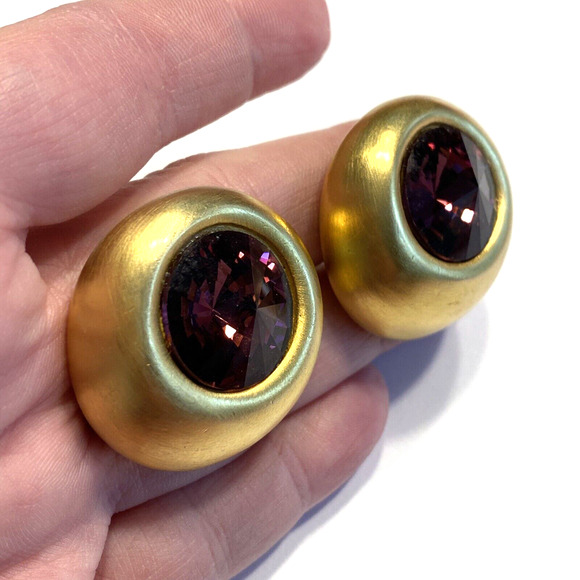 Chunky Y2K Clip On Earrings Brushed Goldtone & Huge Purple Rhinestones Mod Round - Picture 5 of 7